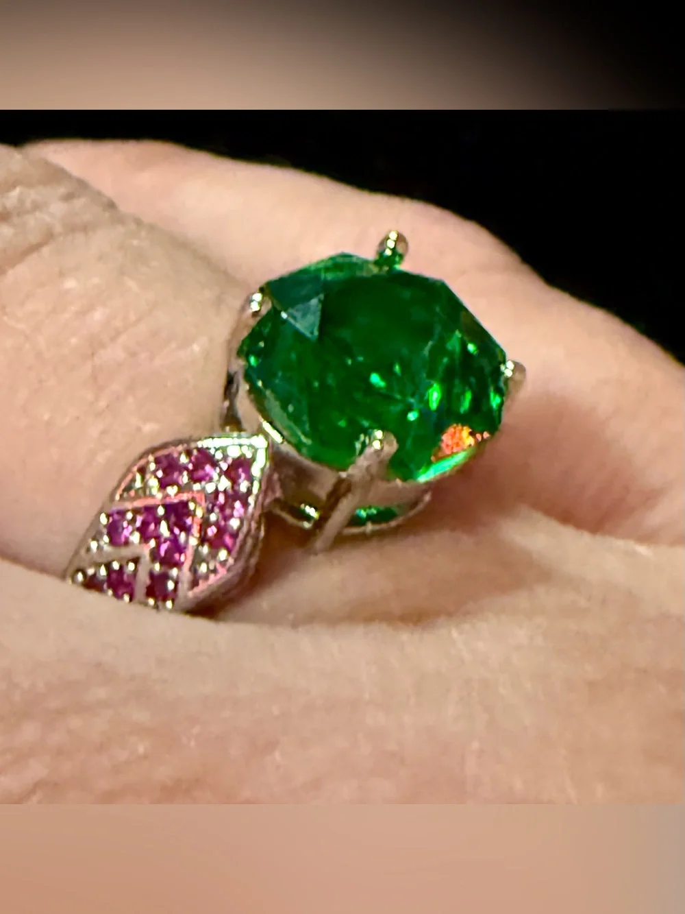Green Crystal Floral Ring with Pink Accent Stones